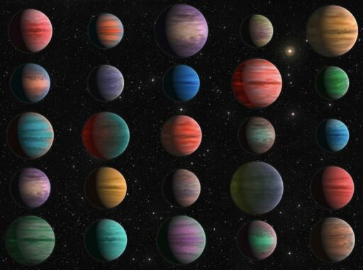 Künstlerische Darstellung der 25 untersuchten Exoplaneten. (Credit: ESA / Hubble, N. Bartmann)