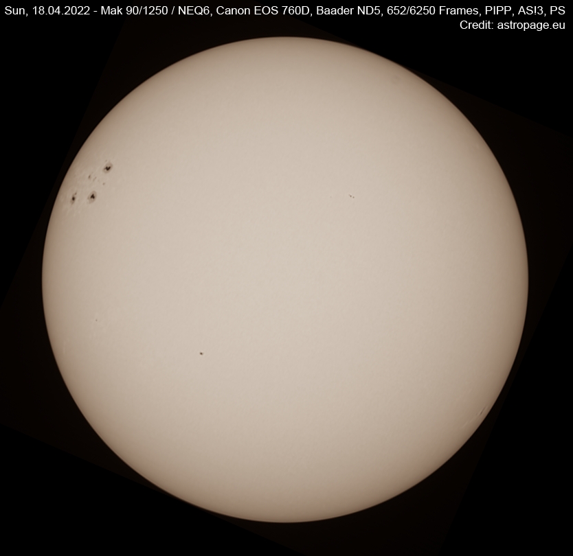Die Sonne am 18. April 2022, aufgenommen mit einer DSLR und einem Mak 90/1250. (Credits: astropage.eu)