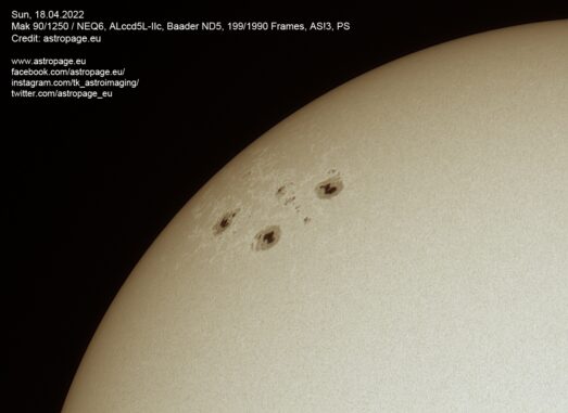 Sonnenflecken am 18. April 2022. (Credits: astropage.eu)