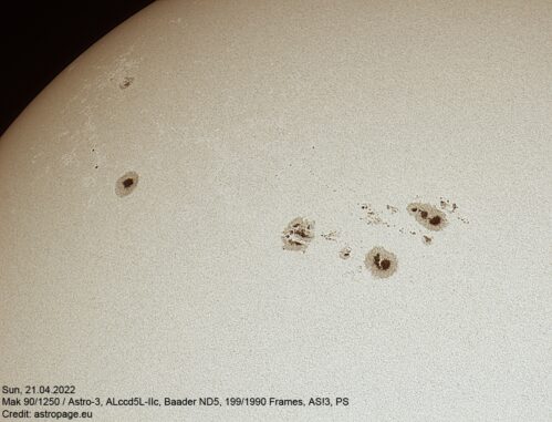 Die große Sonnenfleckengruppe am 21. April 2022, aufgenommen mit einer Planetenkamera und einem Mak 90/1250. (Credits: astropage.eu)