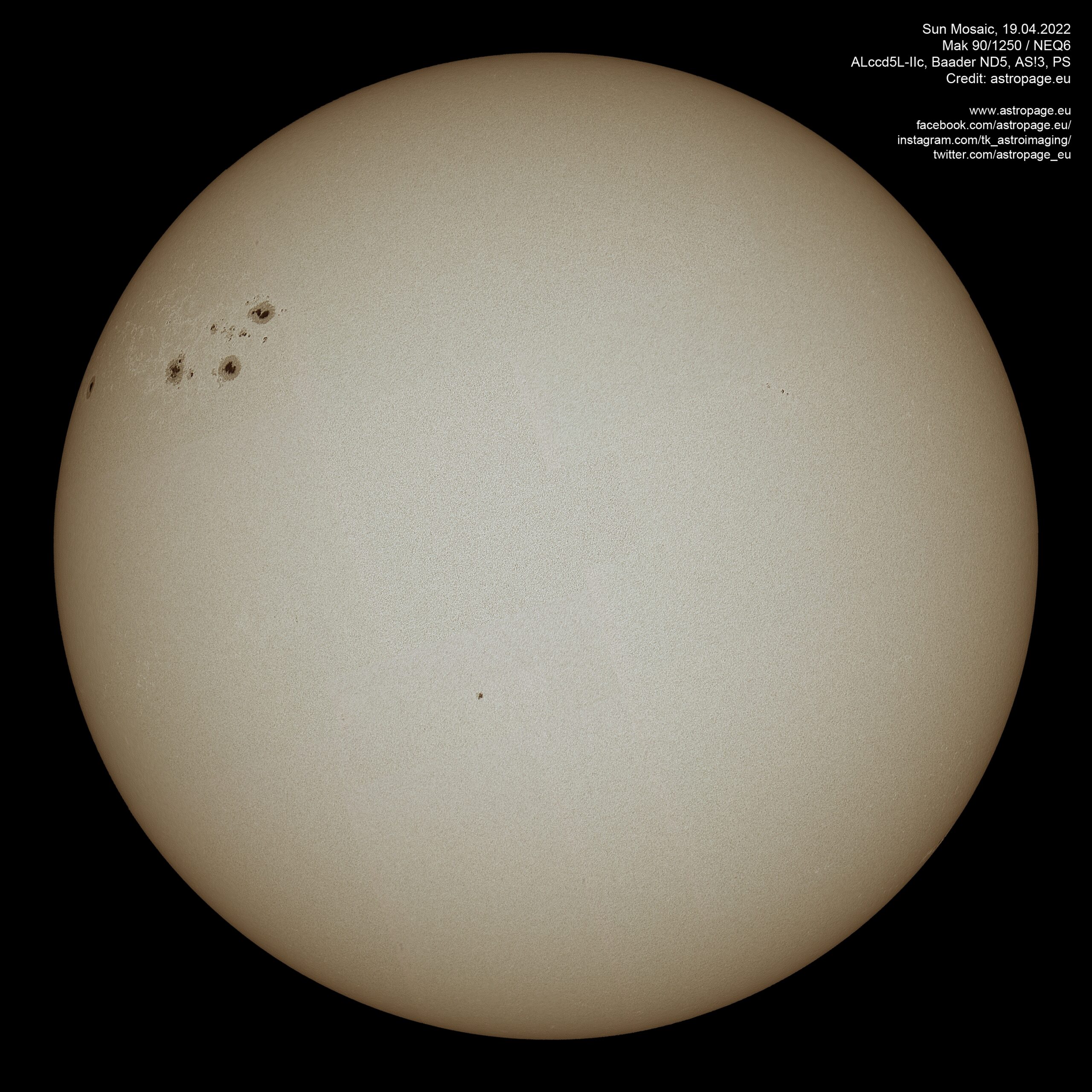 Sonnenmosaik vom 19. April 2022, aufgenommen mit einer Planetencam und einem Mak 90/1250. (Credits: astropage.eu)