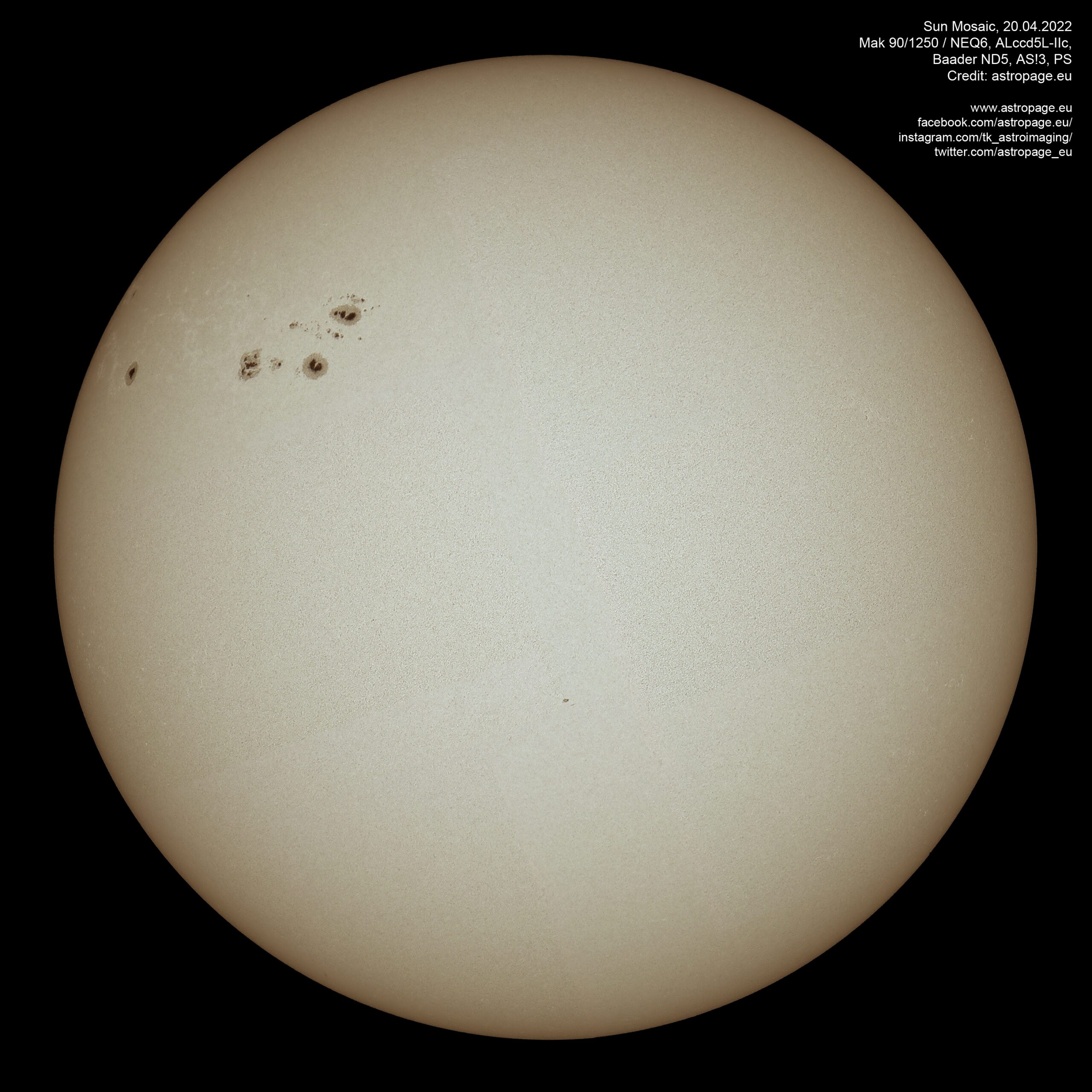 Sonnenmosaik vom 20. April 2022, aufgenommen mit einer Planetencam und einem Mak 90/1250. (Credits: astropage.eu)