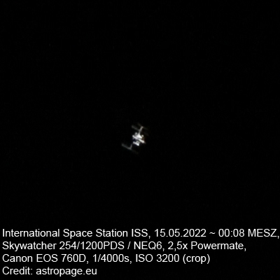 Überflug der Internationalen Raumstation ISS in der Nacht zum 15. Mai 2022 um kurz nach Mitternacht. (Credits: astropage.eu)