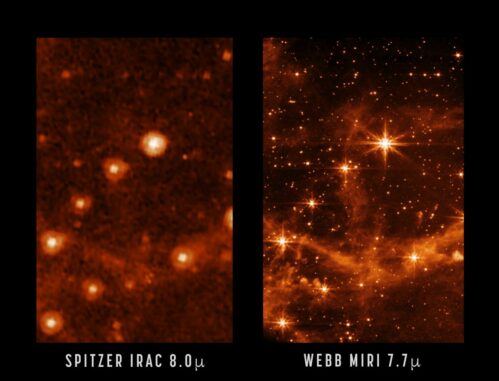 Vergleich zwischen Spitzer (links) und Webb (rechts). (Credit: NASA / JPL-Caltech (left), NASA / ESA / CSA / STScI (right)) Vergleich zwischen Spitzer (links) und Webb (rechts). (Credit: NASA / JPL-Caltech (left), NASA / ESA / CSA / STScI (right))