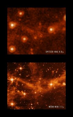 Vergleich zwischen Spitzer (oben) und Webb (unten). (Credit: NASA / JPL-Caltech (top), NASA / ESA / CSA / STScI (bottom))
