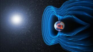 Schematische Darstellung der Erde mit ihrem Magnetfeld. (Credits: Illustration: ESA / ATG medialab)