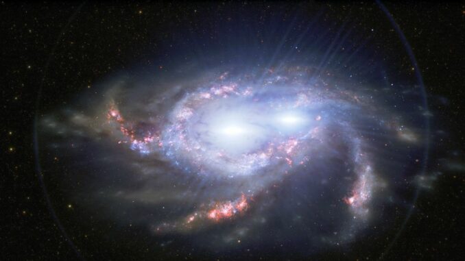 Künstlerische Darstellung zweier verschmelzender Galaxien. (Credits: Illustration: International Gemini Observatory / NOIRLab / NSF / AURA / J. da Silva)