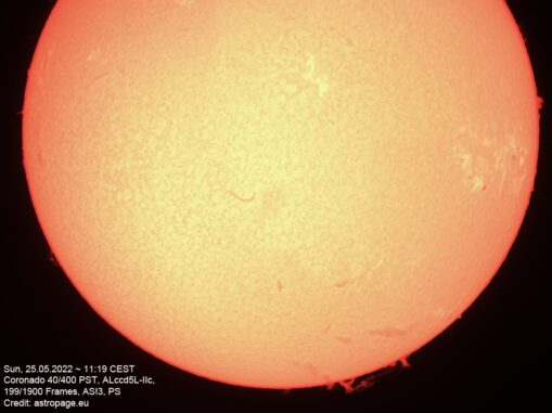 Die Sonne in der H-Alpha-Wellenlänge mit sichtbaren Protuberanzen. (Credits: astropage.eu)