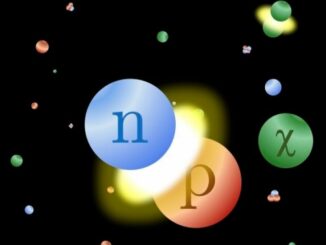 Illustration der Urknall-Nukleosynthese, bei der Protonen (p) und Neutronen (n) zusammenfinden, um leichte Elemente zu bilden. Die Präsenz von Dunkler Materie (x) ändert die Mengen der entstandenen Elemente. (Credits: Image courtesy of Cara Giovanetti / New York University)