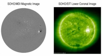 Ein Magnetogramm (links) und ein UV-Bild der Sonne (rechts). (Credits: Courtesy of NASA / ESA)