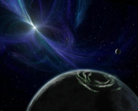 Künstlerische Darstellung des 1992 entdeckten Pulsarsystems PSR B1257+12. (Credits: NASA / JPL-Caltech)