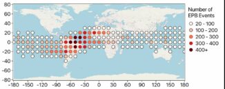 Eine Karte der äquatorialen Plasmablasen mit einem Maximalwert über der South Atlantic Anomaly. (Credits: Sachin Reddy / University College London / Mullard Space Science Laboratory)