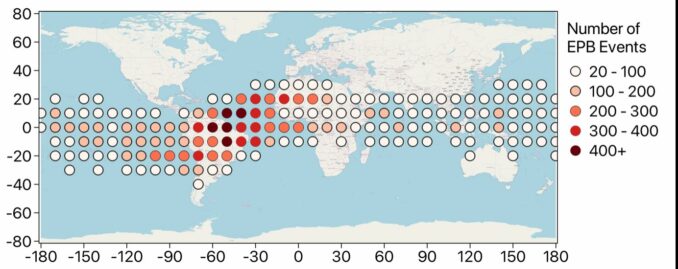 Eine Karte der äquatorialen Plasmablasen mit einem Maximalwert über der South Atlantic Anomaly. (Credits: Sachin Reddy / University College London / Mullard Space Science Laboratory)