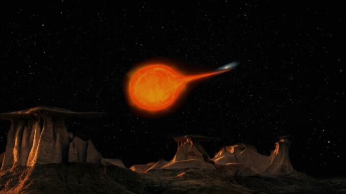 Künstlerische Darstellung eines kataklysmischen Veränderlichen, beobachtet von der Oberfläche eines umkreisenden Planeten. (Credits: Departamento de Imagen y Difusion FIME-UANL / Lic. Debahni Selene Lopez Morales D.R. 2022)