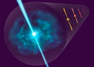 Konzeptbild dieser Arbeit: Wie Gammablitze zur Bestimmung von Entfernungen im Weltraum genutzt werden. (Credits: NAOJ)