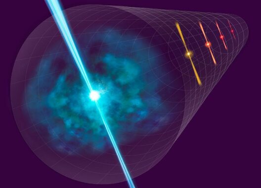 Konzeptbild dieser Arbeit: Wie Gammablitze zur Bestimmung von Entfernungen im Weltraum genutzt werden. (Credits: NAOJ)