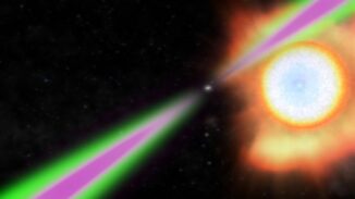 Künstlerische Darstellung eines Schwarze-Witwe-Pulsars mit Strahlen aus Radiowellen (Grün) und Gammalicht (Magenta). Der Pulsar heizt seinen Begleitstern auf und verdampft ihn langsam. (Credits: NASA’s Goddard Space Flight Center)