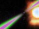 Künstlerische Darstellung eines Schwarze-Witwe-Pulsars mit Strahlen aus Radiowellen (Grün) und Gammalicht (Magenta). Der Pulsar heizt seinen Begleitstern auf und verdampft ihn langsam. (Credits: NASA’s Goddard Space Flight Center)