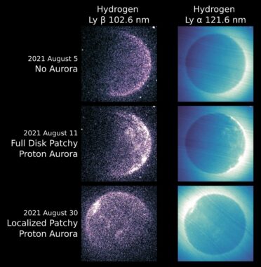 EMM-Bilder einer normalen Protonenaurora am 5. August 2021 und einer fleckenhaften Protonenaurora am 11. August 2021. (Credits: EMM / EMUS)