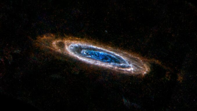 Die Andromeda-Galaxy in ferninfraroten Wellenlängen. (Credits: ESA / NASA / JPL-Caltech / B. Schulz) Die Andromeda-Galaxy in ferninfraroten Wellenlängen. (Credits: ESA / NASA / JPL-Caltech / B. Schulz)
