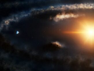 Künstlerische Darstellung eines kleinen saturnähnlichen Planeten im System LkCa 15. Im Winkelabstand von 60 Grad zu dem Planeten haben sich an den Lagrange-Punkten L4 und L5 größere Materieansammlungen gebildet. Die Abbildung ist nicht maßstabsgerecht. (Credit: M.Weiss / Center for Astrophysics | Harvard & Smithsonian)