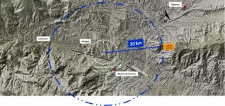 Position des Kraterzentrums und ein 20 Kilometer großer Radius des von dem Einschlag im Alhabia-Tabernas-Becken betroffenen Gebiets. (Credit: Sánchez-Garrido et al 2022. Basemap: Instituto Geográfico Nacional (IGN); CC-BY 4.0)