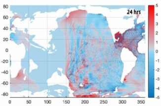 Die modellierte Meeresoberfläche 24 Stunden nach dem Asteroideneinschlag. Das Bild zeigt Ergebisse des MOM6-Modells. (Credit: From Range et al. in AGU Advances, 2022)