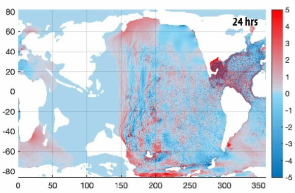 Die modellierte Meeresoberfläche 24 Stunden nach dem Asteroideneinschlag. Das Bild zeigt Ergebisse des MOM6-Modells. (Credit: From Range et al. in AGU Advances, 2022) Die modellierte Meeresoberfläche 24 Stunden nach dem Asteroideneinschlag. Das Bild zeigt Ergebisse des MOM6-Modells. (Credit: From Range et al. in AGU Advances, 2022)