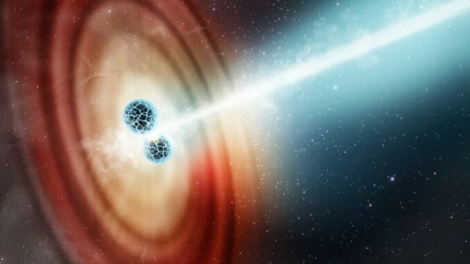 Künstlerische Darstellung zweier verschmelzender Neutronensterne. (Credits: Artwork: Elizabeth Wheatley (STScI)) Künstlerische Darstellung zweier verschmelzender Neutronensterne. (Credits: Artwork: Elizabeth Wheatley (STScI))