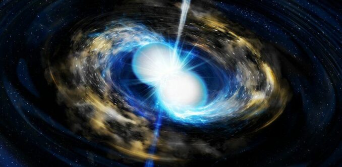 Künstlerische Darstellung der Verschmelzung zweier Neutronensterne. (Credits: Tohoku University) Künstlerische Darstellung der Verschmelzung zweier Neutronensterne. (Credits: Tohoku University)