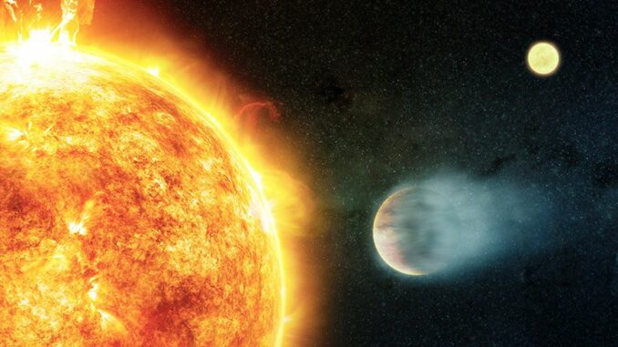 Künstlerische Darstellung eines Doppelsternsystems, in dem ein Stern von einem heißen Jupiter umkreist wird. (Credits: NASA / CXC / M.Weiss) Künstlerische Darstellung eines Doppelsternsystems, in dem ein Stern von einem heißen Jupiter umkreist wird. (Credits: NASA / CXC / M.Weiss)