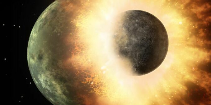 Illustration eines gewaltigen Einschlags auf der Proto-Erde. (Credits: NASA / JPL) Illustration eines gewaltigen Einschlags auf der Proto-Erde. (Credits: NASA / JPL)