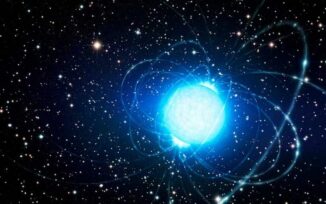 Künstlerische Darstellung eines Magnetars im Sternhaufen Westerlund 1. (Credit: ESO / L. Calçada)