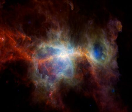 Infrarotbild des Orionnebels auf Grundlage von Daten der Weltraumteleskope Spitzer, WISE und Herschel. (Credits: ESA / NASA / JPL-Caltech)