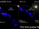 Beobachtungen des Jets von dem Quasar 3C273, basierend auf Daten des Weltraumteleskops Hubble sowie des Global Millimeter VLBI Array (GMVA), des Atacama Large Millimeter/ submillimeter Array (ALMA) und des High Sensitivity Array (HSA). (Credits: Hiroki Okino and Kazunori Akiyama; GMVA + ALMA and HSA images: Okino et al.; HST Image: ESA / Hubble & NASA)