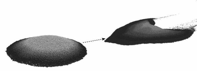 Numerische Berechnung eines Häufchens Sandkörner, der zu einer Sicheldüne verformt wird. Die Düne bestand aus 100.000 Körnchen. (Credit: Erick Franklin)