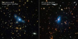 Hubble-Aufnahmen der beiden massereichen Galaxienhaufen MOO J1014+0038 (links) und SPT-CL J2106-5844 (rechts). Der künstlich hinzugefügte blaue Schimmer stellt Hubble-Daten des Intracluster-Lichts dar. (Credits: SCIENCE: NASA, ESA, STScI, James Jee (Yonsei University); IMAGE PROCESSING: Joseph DePasquale (STScI))