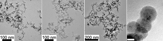 Transmissionselektronenmikrokopaufnahmen mehrerer Körnchen, die im Rahmen der Studie produziert wurden. (Credits: Photos: Yuki Kimura)