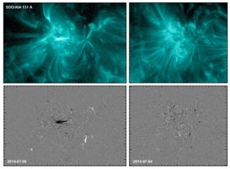 Zwei Bilder einer aktiven Region auf der Sonne (NOAA AR 2109), aufgenommen vom SDO. Das heiße koronale Gas produziert Licht in extrem-ultravioletten Wellenlängen (oben), fotografiert am Tag vor einer Eruption (links) und am Tag, bevor sie nicht eruptierte (rechts). Die Helligkeitsveränderungen (unten) zeigen unterschiedliche Muster mit hoher Veränderlichkeit (schwarz & weiß), vor der Eruption (unten links), sowie mit geringerer Veränderlichkeit vor der Ruheperiode (unten rechts). (Credits: NASA / SDO / AIA / Dissauer et al. 2022)