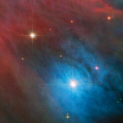 Eine Szenerie im Orionnebel mit dem hellen veränderlichen Stern V372 Orionis und einem Begleitstern, aufgenommen vom Weltraumteleskop Hubble. (Credits: ESA / Hubble & NASA, J. Bally, M. Robberto)
