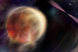 Ein umkreisender Stern beginnt seinen Partner, einen rasch rotierenden superdichten Pulsar, zu verdecken. Der Pulsar emittiert Strahlungsimpulse in verschiedenen Wellenlängen. (Credits: NASA / Sonoma State University, Aurore Simonnet)