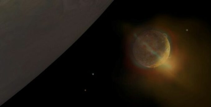 Künstlerische Darstellung von Polarlichtern auf dem Jupitermond Io. (Credits: Chris Faust)