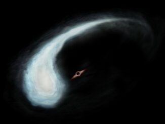 Künstlerische Darstellung der kaulquappenförmigen Molekülwolke und des Schwarzen Lochs im Zentrum ihrer Umlaufbahn. (Credit: Keio University)