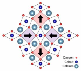 Illustration der Verzerrungen in einem neuen Quantenmaterial aus negativ geladenen Kobalt-Ionen und positiv geladenen Calcium-Ionen. (Credits: Woo Jin Kim / SIMES)