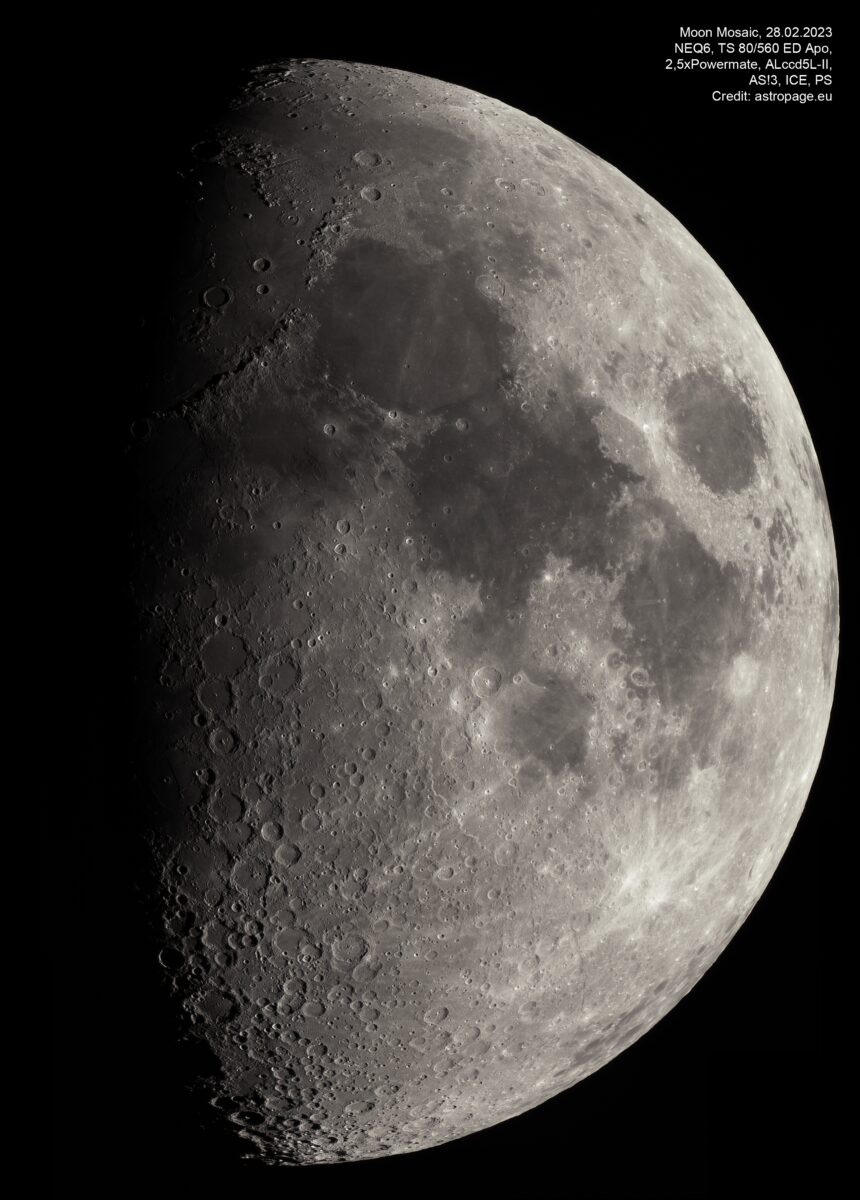 Mondmosaik vom 28. Februar 2023. Klick öffnet die Original-Auflösung. (Credits: astropage.eu)