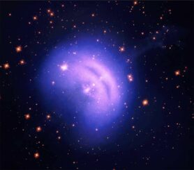 Der Pulsarwindnebel des Vela-Pulsars, basierend auf Daten der Weltraumteleskope IXPE, Chandra und Hubble. (Credits: X-ray: (IXPE) NASA / MSFC / Fei Xie & (Chandra) NASA / CXC / SAO; Optical: NASA / STScI Hubble / Chandra processing by Judy Schmidt; Hubble / Chandra / IXPE processing & compositing by NASA / CXC / SAO / Kimberly Arcand & Nancy Wolk)