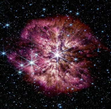 Der helle, heiße Stern Wolf-Rayet 124 (WR 124) mit den zuvor abgestoßenen Materiehüllen, aufgenommen vom James Webb Space Telescope. (Credits: NASA, ESA, CSA, STScI, Webb ERO Production Team) Der helle, heiße Stern Wolf-Rayet 124 (WR 124) mit den zuvor abgestoßenen Materiehüllen, aufgenommen vom James Webb Space Telescope. (Credits: NASA, ESA, CSA, STScI, Webb ERO Production Team)