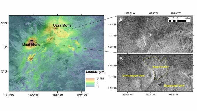 Höhendaten der Region um die Vulkane Ozza Mons und Maat Mons. Rechts sind die Magellan-Beobachtungen vor der Eruption (A) und nach der Eruption (B) zu sehen. (Credits: Robert Herrick / UAF)