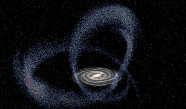 Künstlerische Darstellung der Sagittarius-Zwerggalaxie bei ihrer aktuellen Annäherung an die Milchstraßen-Galaxie. (Credits: Image by Gabriel Pérez Díaz, SMM / IAC)