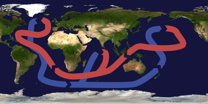 Weltkarte mit den globalen Meeresströmungen. (Credits: Wikipedia / User: Brisbane / CC BY SA 3.0